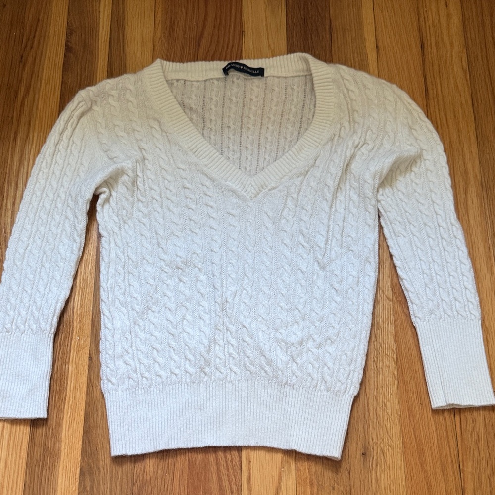 Brandy Melville Cream V-Neck Cable Knit Sweater